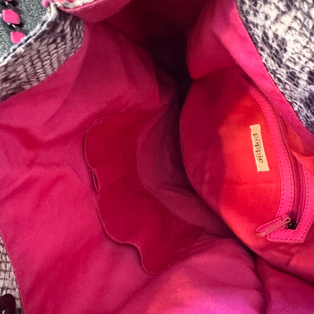 Poppie Snake Print Shoulder Hobo Bag Pink and Graphite Color Accents Chain Large - Picture 10 of 12